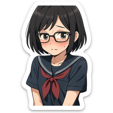 anime girl with short black hair, glasses, shy sticker