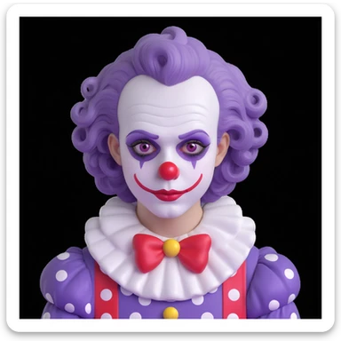 ID photo style cartoon of a sad clown, white face paint, red nose, classic makeup, multiple tears, short curly pastel purple hair, polka-dotted costume in soft tones, glossy highlights, centered, white background sticker