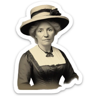 black and white photo of middle-aged women in 19th century. wearing dress. Long, blond hair. full body in picture. wearing hat. sticker