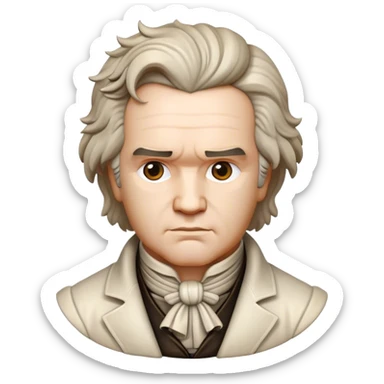 Cinematic Realistic Beethoven Pop Culture Emoji, featuring an evocative portrayal of the legendary composer rendered with delicate textures and emotive lighting. sticker