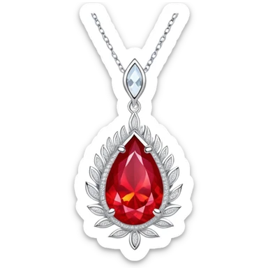 teardrop ruby pendant with fiery light, tiny phoenix feather emerging, haloed by shimmering white stones, silver chain like liquid moonlight sticker