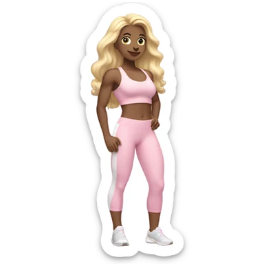 White woman, white skin, long hair, blonde hair, wavy hair, baby pink sports bra, baby pink leggings, flexing one arm sticker