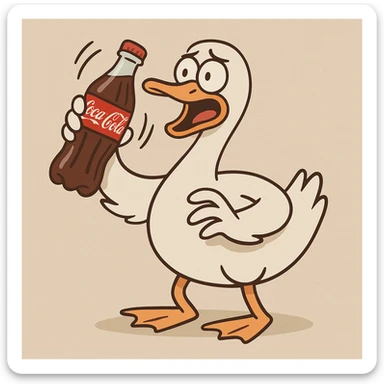 a goose shaking a Coca Cola bottle, cartoon style sticker