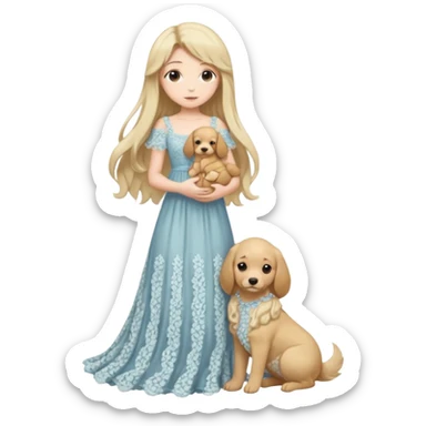 Pastel anime lady long hair with long lace dress full body holding puppy sticker