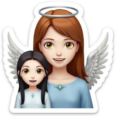 девушка ангел с нимбом и крыльями, с рыжими прямыми волосами по плечи, с улыбкой, стоит рядом с девушка зомби с темными длинными прямыми золосами, со злым выражением лица и ровными белыми зубами в стиле Apple avatar sticker