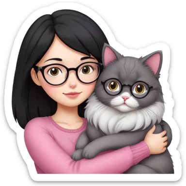 Beautiful skinny woman medium black hair with oval glasses in pink outfit hug persian-angora grey cat sticker