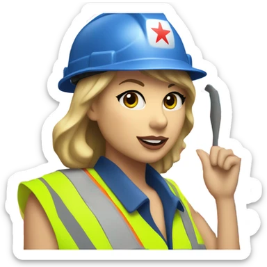 Taylor Swift is a construction worker wearing a patriotic dress with a neon yellow safety vest over the dress. she also has a hard hat and a patriotic patch on the vest sticker