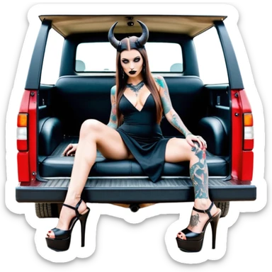 Sensual queen long brown straight haired mafia woman with black shiny platform high heels on her feet, black devil horns on her head, tattoos on arms , holding a human dead man skull. in the back seat of a large big new model F350 pickup truck full of cash wearing long sex dress with big butt sticker