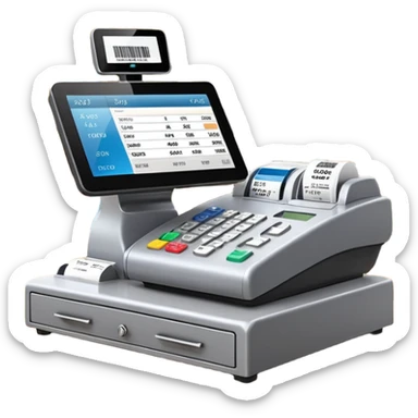 Modern shop cash register on a retail counter, ultra-realistic, 4K, photorealistic POS touchscreen, receipt printing, barcode scanner and card terminal, soft indoor lighting, realistic reflections and shadows, sharp focus, cinematic depth of field, professional photography. sticker
