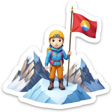 A 3D cartoon mountaineer standing on a snowy Everest-like summit with a flag, wearing colorful climbing gear, soft lighting, Memoji-style. sticker