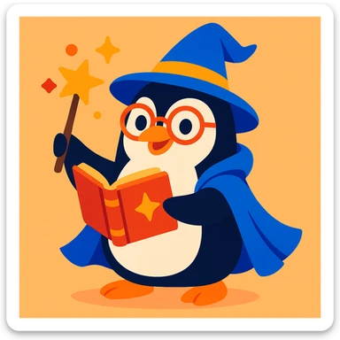 playful penguin wizard with glasses, blue hat, spellbook, colorful and friendly style sticker