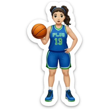 full body plus size light skin latino women basketball player with wavy dark hair in pony tail wide nose wearing blue uniform with green accent sticker
