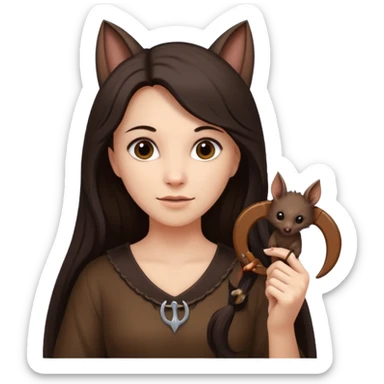 woman with long dark hair holding a horsehoe bat sticker