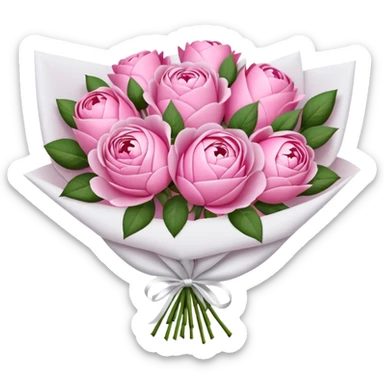 Bouquet of pink flower like rose and peony wrapped in white paper sticker