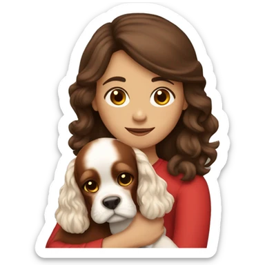 brunette girl holds red cocker spaniel in her arms sticker