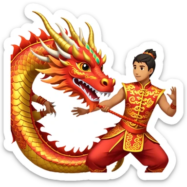 Cinematic Realistic scene of two performers guiding an elaborately designed dragon costume during a Dragon Dance, with vivid traditional patterns and dynamic motion, set under festive, red-tinged lighting sticker