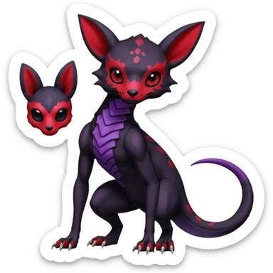 Gothic Black red purple Scaley Exotic Salandit-Umbreon-Noibat-Fakémon-hybrid-creature (full body), 4 legs, white skull face mask sticker