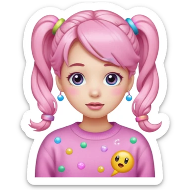 “Emoji girl, pastel pink blush, sparkly wide eyes, glossy bubblegum lips, hair in cute pigtails with colorful clips, wearing oversized pastel sweater.” sticker