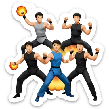 Icon for Action Movies: Collage of Arnold Schwarzenegger, Sylvester Stallone, Bruce Lee, and Jackie Chan in iconic action poses, surrounded by explosions, weapons, and martial arts moves. The design should capture the high-energy, dynamic nature of their films. Transparent background. sticker