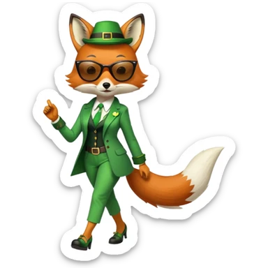 serious anthropomorphised female fox in stylish St. Patrick's Day outfit with sunglasses, walking with confidence, full-body view sticker