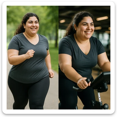 woman with PCOS doing physical activity (brisk walking or exercise bike), wearing sportswear, motivated expression, wellness atmosphere, realistic details, gym or park background sticker