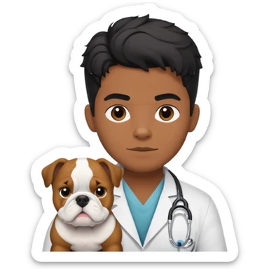 joven médico con el pelo un poco largo pero no tanto y lacio, que tenga un estetoscopio de color de piel tez negra calida !!! que sostiene un bulldog francés blanco sticker
