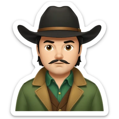 jack black haired cowboy in green coat with black hat sticker