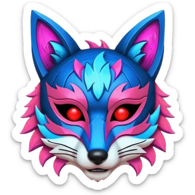 Ancient wooden mask, broken in half, luminous and neon with red, blue, and pink fox-like glow. Fragments of the mask scattered around. sticker