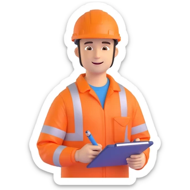 cheerful man in orange safety gear and helmet, holding a clipboard, with a welcoming expression sticker