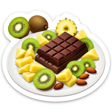 Evening snack plate with dark chocolate squares, mixed nuts, kiwi slice and pineapple chunks sticker