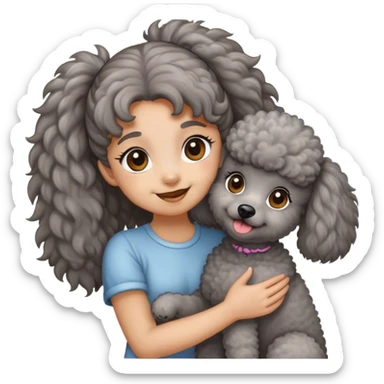 A Grey poodle held by a brown ponytail girl sticker