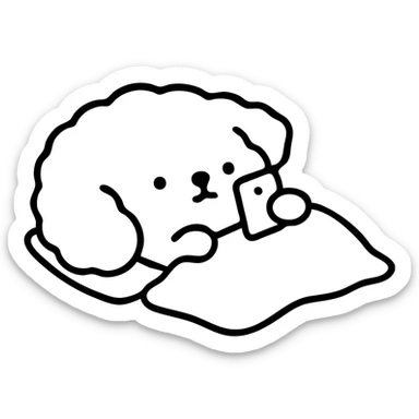 Transform the image into a clean and simple WhatsApp sticker style. Remove the background, leaving only the dog lying down with the cellphone. Add a white border around the dog for a sticker effect. Keep the visual clean and simple with no colorful effects, focusing on a neat black outlined style. sticker