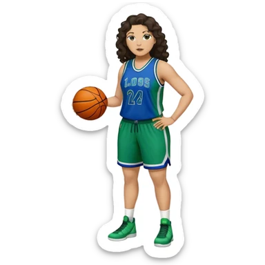 full body plus size light skin latino women basketball player with wavy dark hair large wide nose wearing blue with green uniform sticker