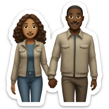 A black man  and a woman with  brown hair holding hands and walking side by side, smiling and enjoying their time together sticker