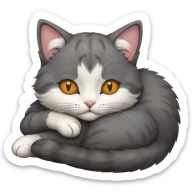 dark grey and white small cat with his eyes closed, leaning his head on his paw while leaning on his elbow lying down sticker