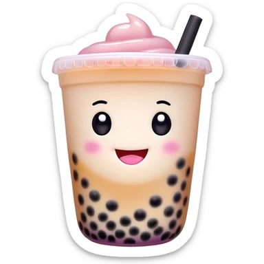 Cinematic pastel-colored bubble tea, chubby cup with a smiling face, tiny black tapioca pearls peeking out, soft glowing background, playful and adorable. sticker