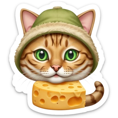 Sliver bengal cat with green eyes wearing a cheese hat sticker