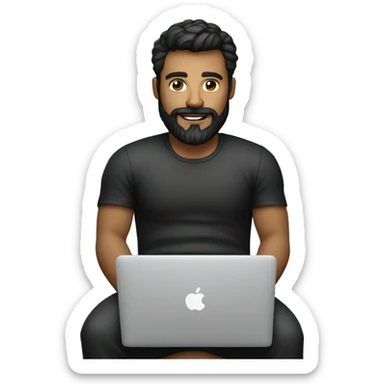 Hombre con barba con canas vestido de negro en bicicleta con una macbook y un iphone sticker