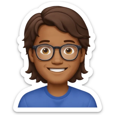 Filipino male, with goatie, wearing glasses, medium wavy length hair, brown sticker