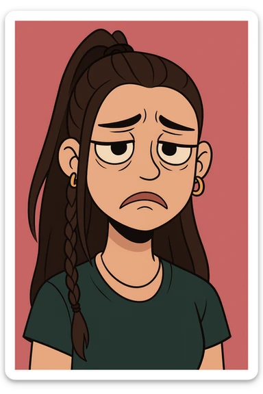 Create a cute and lively cartoon style face with a sad expression, keeping her unique features and hairstyle from the reference image. sticker