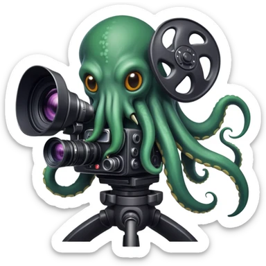 Cthulhu as a cameraman, tentacle-faced cosmic horror entity operating a movie camera sticker