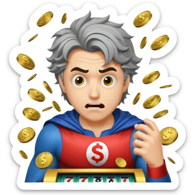 disheveled super hero losing money at a slot machine, panicked face, coins flying sticker