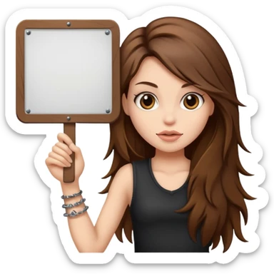 A rocker chick with long brown hair holding a large blank sign sticker