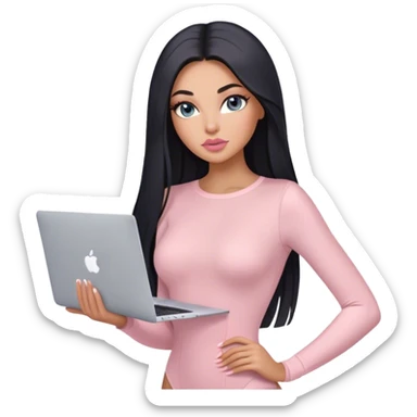 Glamours, tanned, very beautiful girl, with big pump peach-beige-rose lips, long lashes, black straight smooth silky long hair, straight parting hair, blue-grey eyes, in light-pink bodysuit holding MacBook sticker