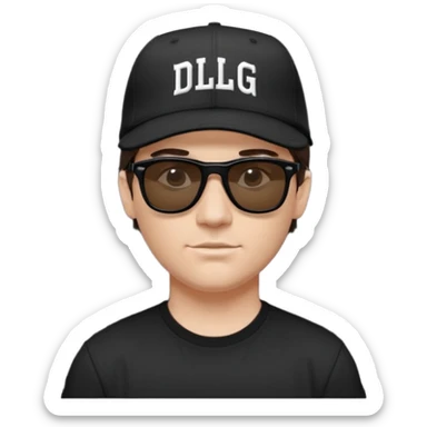 Emoji of a white man with short dark brown hair under a black baseball cap, wearing a black t‑shirt and 1980s‑style black Ray‑Ban rectangle sunglasses black lenses, with black musical notes floating around his head,  word "DLG" written on the hat sticker