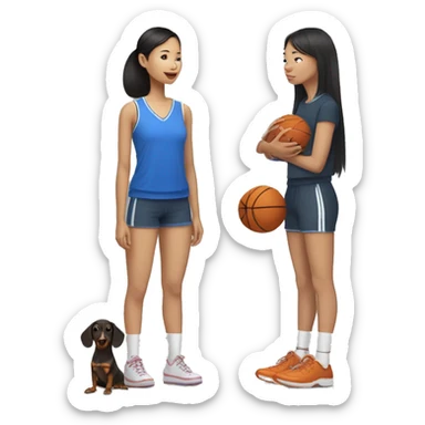 Short asian girl in basketball shorts and crocs with a dachsund sticker