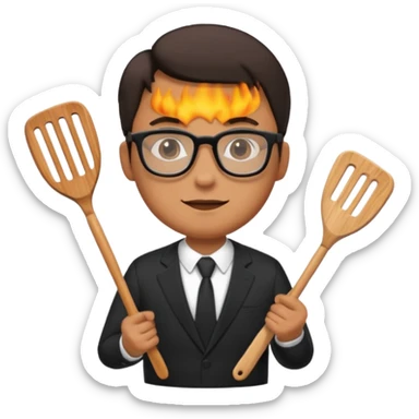 man with glasses wearing a suit and holding a grilling spatula sticker