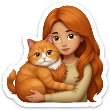 olive skin girl with long brown hair, hugging an fluffy orange persian cat sticker
