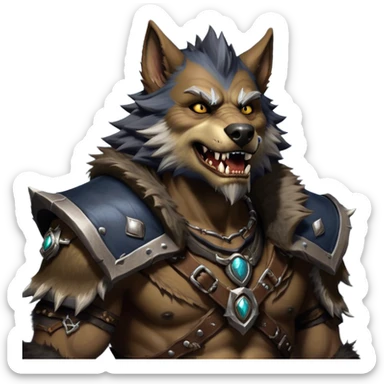 Cinematic Realistic WoW Worgen Portrait, head tilted dramatically with an exaggeratedly amused expression, blending ferocious beastliness with a touch of unexpected humor. His rugged fur, tanned skin, and worn leather garments are rendered with meticulous detail and dynamic lighting, high shine, dramatic yet whimsical, capturing the essence of a worgen whose epic might is tempered by a playful, irreverent charm. sticker