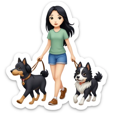 A girl with long black hair walking with three dogs sticker